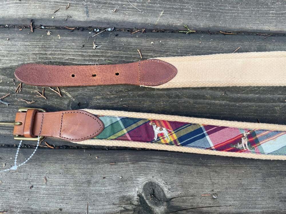 Polo Ralph Lauren Dog Belt Men’s 38 Varsity Brass Buckle Leather Patchwork